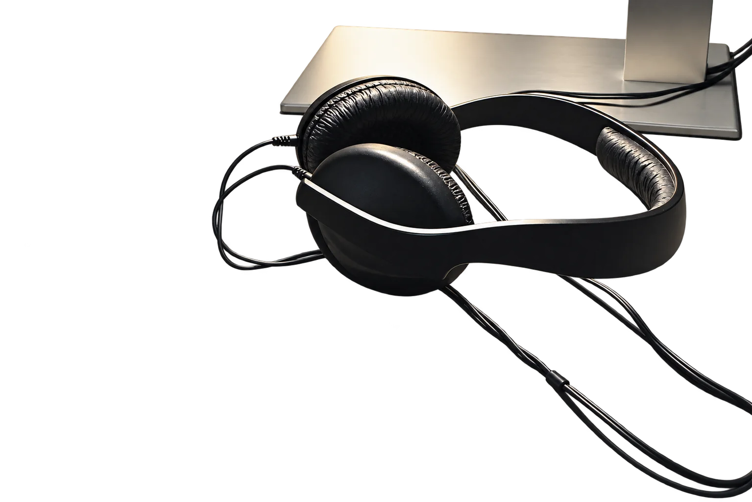 Un casque audio noir avec ses câbles est posé sur une table grise, éclairé par une lumière chaude venant d'une lampe en arrière-plan.