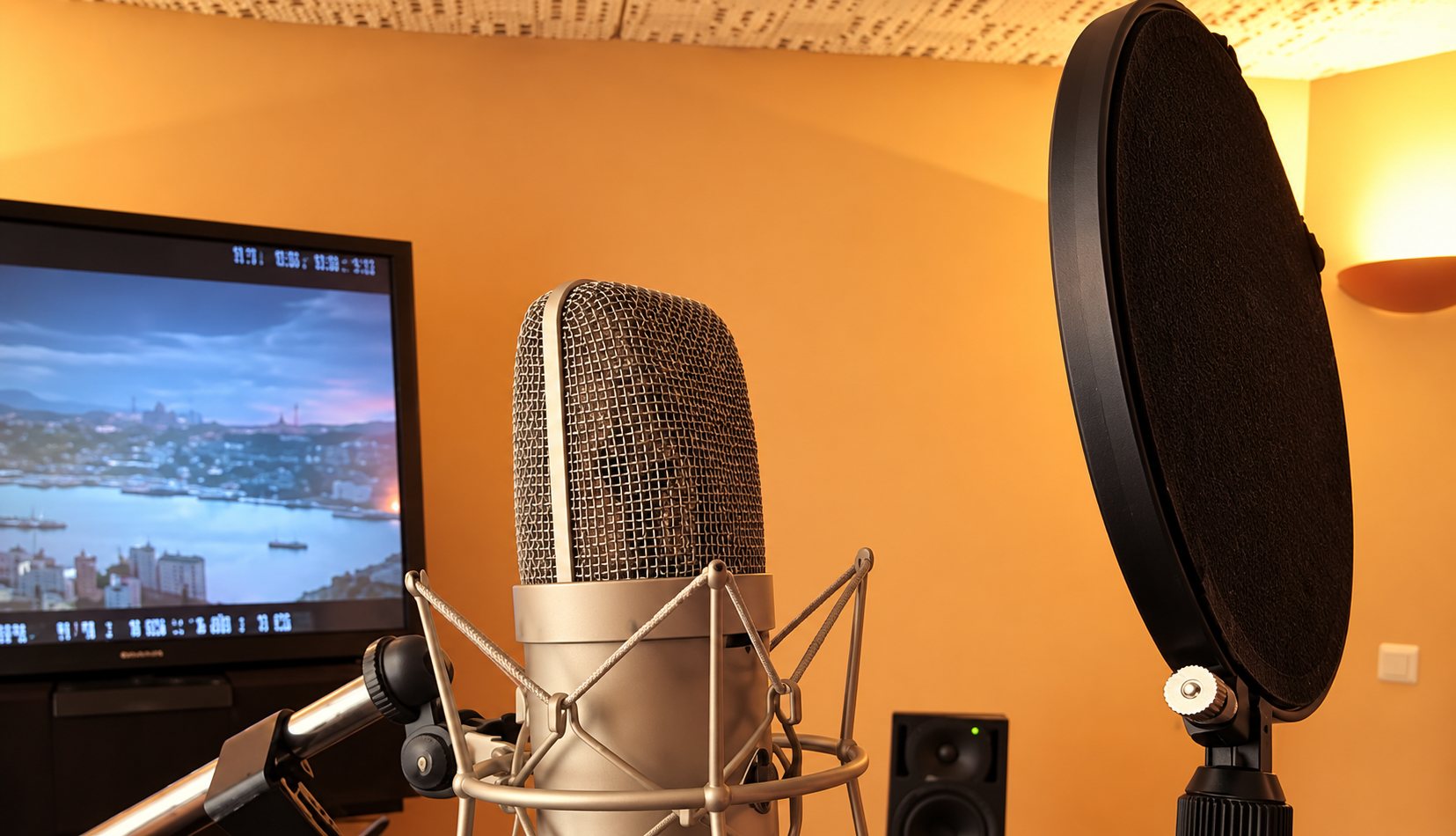 Un microphone de studio sur suspension élastique avec un filtre anti-pop, devant un écran et un mur orange.
